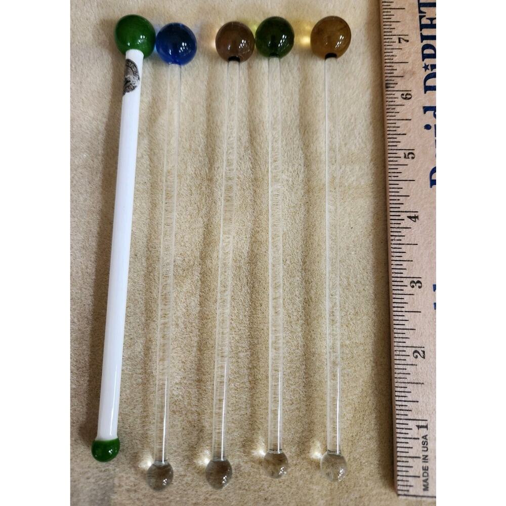 Set of 5 Vintage Ball Top Glass Stir Sticks Swizzle Barware 7”